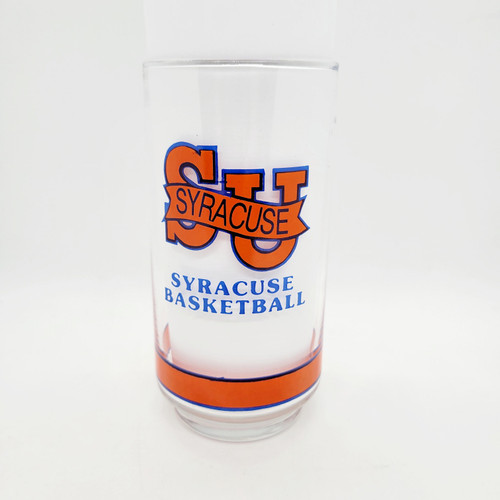 Getty NCAA Big East Basketball Glass Tumbler - Vintage Syracuse Collector's Item, clear glass tumbler with orange and blue Syracuse basketball logo and text design.