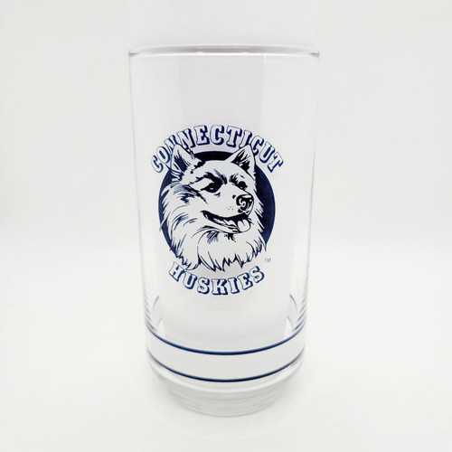 Getty NCAA UCONN Big East Basketball Glass Tumbler - Vintage 5.5" Collector's Drinkware, a clear glass with the UCONN Huskies logo and text.