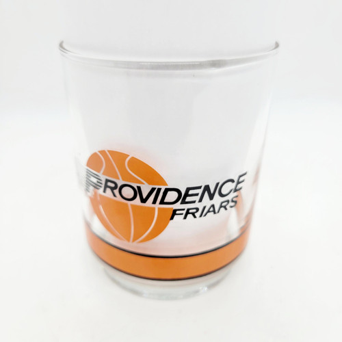 Getty NCAA Big East Basketball Glass - Vintage Providence Friars Collectible, clear glass with orange and black basketball logo and team name.