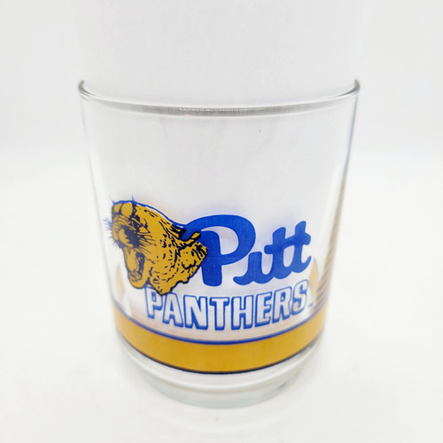 Getty NCAA Big East Basketball Glass - Pitt Panthers Vintage Collectible Drinkware, clear glass with a blue and yellow Pitt Panthers logo featuring a panther's head.
