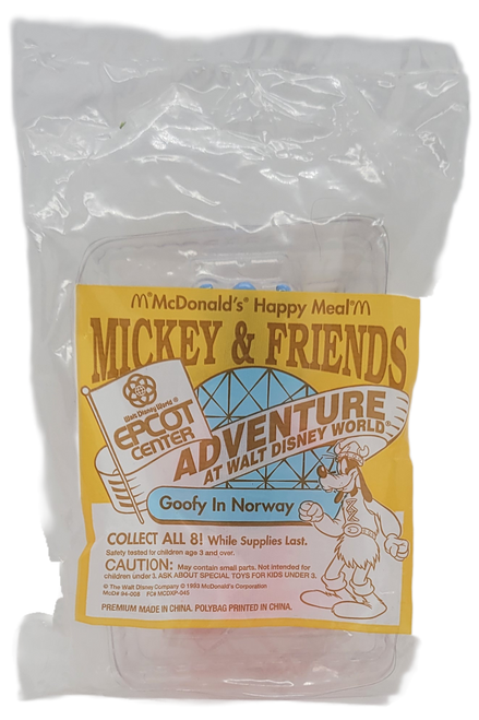McDonald's Happy Meal Mickey & Friends 1994 Epcot Center Adventure at Walt Disney World Goofy in Norway. The series contains 8 different Disney characters dressed in different cultural outfits and was available July 8 - August 4, 1994. Goofy is dressed in Norway attire and stands 4-inches tall.