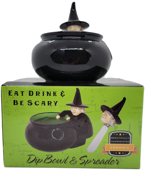 Halloween "Eat Drink & Be Scary" Ceramic Witch With Cauldron Dip Bowl & Spreader