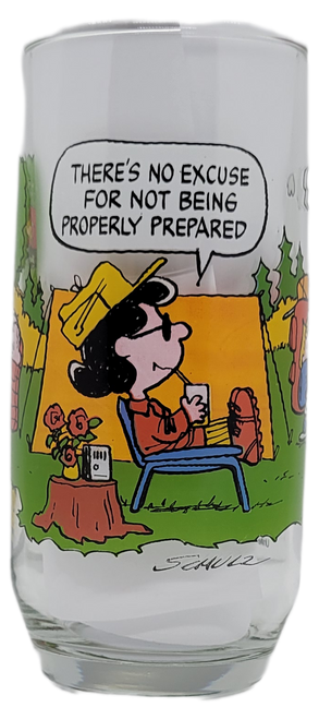 McDonald's Camp Snoopy glass tumbler of Lucy, "properly prepared". Back in 1983, the Camp Snoopy theme park was just about to open its doors. To commemorate this event, McDonald’s released a set of promotional drinking glasses in their restaurants featuring the Peanuts Gang camping. Customers would receive a glass with the purchase of a drink. One glass was brought out each week over five weeks. Two kinds were released, glass and plastic versions with the same designs. The designs included Charlie Brown “Hard Work”, Linus “Struggle for Security”, Snoopy “Morning People”, Lucy “Properly Prepared” and Snoopy “Civilization.”