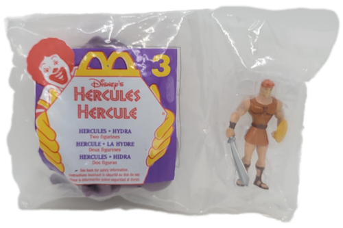 McDonald's Happy Meal Toy of Hercules and Hydra from the 1997 Disney's Hercules series. The series offered two different figures in each Happy Meal and featured 10 different sets to collect. The series was available June 20 - July 24, 1997.