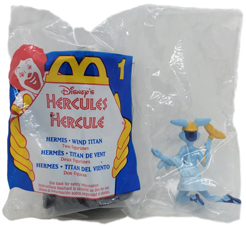 McDonald's Happy Meal Toy of Hermes and Wind Titan from the 1997 Disney's Hercules series. The series offered two different figures in each Happy Meal contains a total of 10 different set of figures. The series was available June 20 - July 24, 1997.