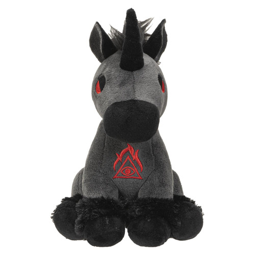 Hellion black unicorn 7-inch Plush that is gray with black mane, horn and snout with red eyes front view.
