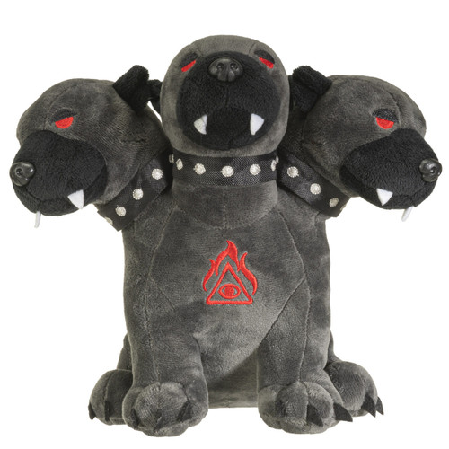 Hellion Cerberus 8-inch Stuffed Plush that is gray with black mouth, ears and studded collars with red eyes front view