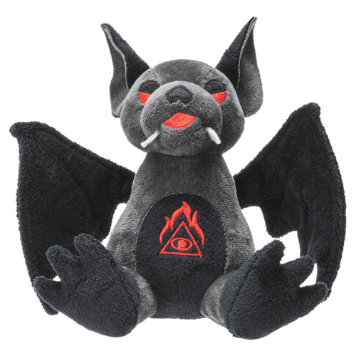 Hellion Vampire Bat 5-inch Plush that is gray with black ears, wings and feet with red eyes and mouth with 2 white fangs front view