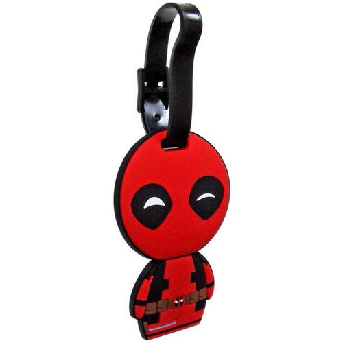 Funko Luggage Tag - Marvel Deadpool, a cartoon-style Deadpool character luggage tag with a red and black outfit and a black strap.