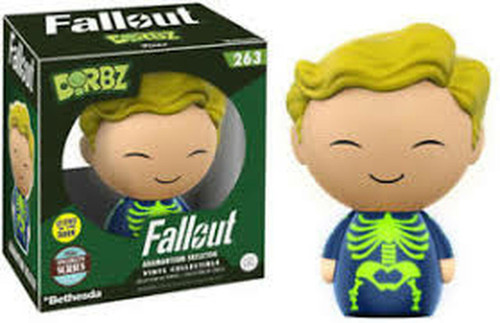 Funko Specialty Series Dorbz: Fallout - Adamantium Skeleton, collectible vinyl figure with a smiling face and blonde hair wearing a skeleton costume in blue and green.