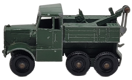 Lesney Matchbox no. 64 Scammell Breakdown Truck military diecast vehicle. This Breakdown Truck features an olive green body & baseplate, double cable hook and 3 axles.  The vehicle was Made in England and is 2.5-inches long.
