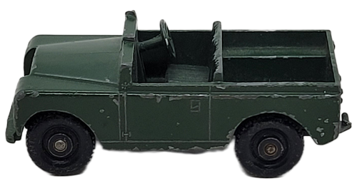 Lesney Matchbox no. 12 Land-Rover Series II military diecast vehicle. This Land-Rover features an olive green body, tow hitch on rear and 2 axles.  The vehicle was Made in England and is 2.25-inches long.
