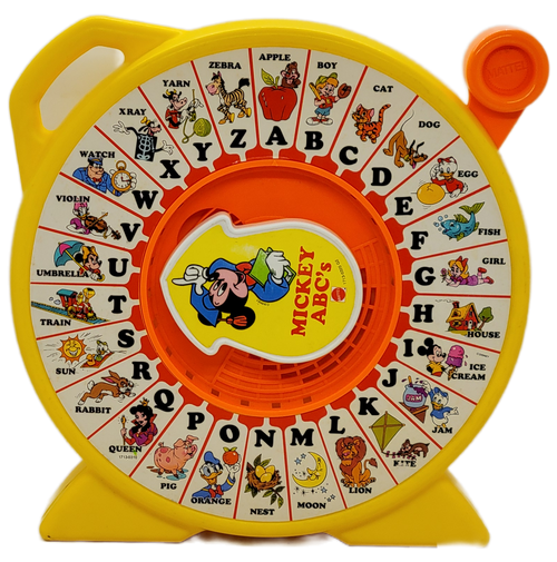 Mattel 1989 See 'N Say Disney Mickey ABC's learning toy.  The See 'N Say has 26 letters with 26 items starting with that letter.  The list also includes some of your favorite Disney characters with the object.