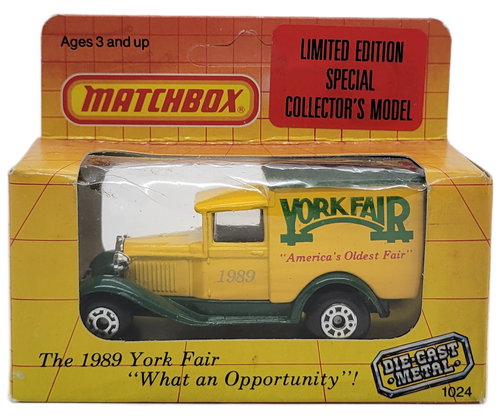 Ford Model A Delivery van 1989 York Fair limited edition souvenir produced by Matchbox.  The 1:64 scale Model A is yellow with green and features York Fair on the sides and for ages 3 and up.