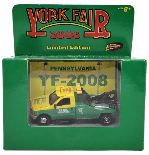 York Fair 2008 limited edition Ford Tow Truck 1:64 scale die-cast by Johnny Lightning.  The Tow Truck is green and yellow with Yellow lights and limited edition of 5004 pieces.  The York Fair is America's Oldest Fair that began in 1765 in York, Pennsylvania.