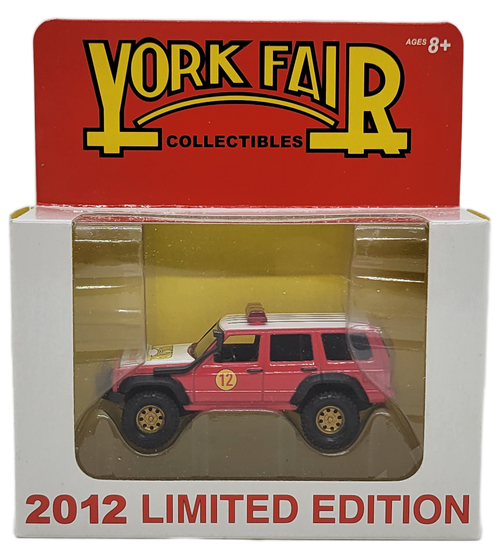 York Fair 2012 limited edition of 5000 Jeep Grand Cherokee Fire Police Emergency vehicle 1:64 scale die-cast by Johnny Lightning.  The Fire Police Jeep is red with white roof and hood has 12 on side and York Fair on hood.  The York Fair is America's Oldest Fair that began in 1765 in York, Pennsylvania.