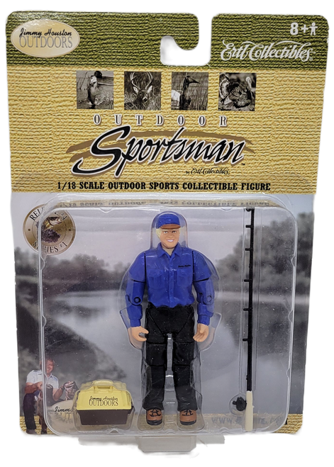 Ertl Collectible 2001 Outdoor Sportsman fisherman action figure of Jimmy Houston with fishing pole and tackle box.  The 1:18 scale figure stands 3.75-inches tall and features Jimmy Houston wearing blue shirt and hat with black pants and brown shoes.