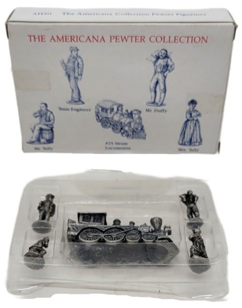 The Americana Pewter Collection AH30 contains 5 different solid pewter figurines and was produced in 1993.  The collection features a train theme with the set containing #25 Steam Locomotive, Train Engineer, Mr. Duffy, Mr. Tully and Mrs. Tully.  The figures stand 1-inch tall and are made of solid pewter.