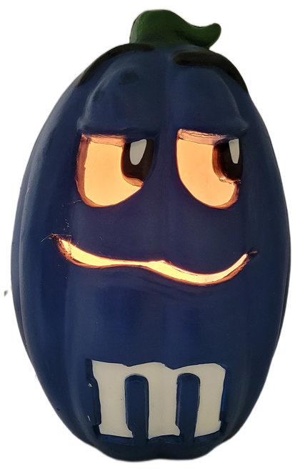 Eastcorp Toys Co. 2001 Blue M&M light up foam pumpkin shape.  The M&M stands 12-inches tall and 7.25-inches wide and clearly displays the personality of the Blue M&M.