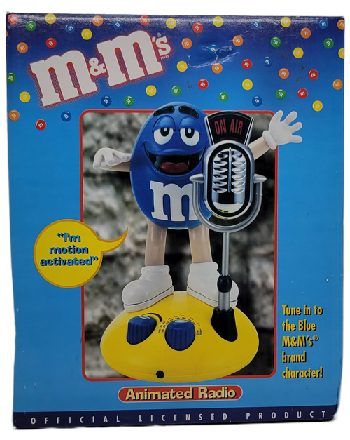 M&M's animated radio that features the blue M&M singing into a microphone.  The AM/FM radio is motion activated and requires 4-"AA" batteries and stands 8-inches tall.