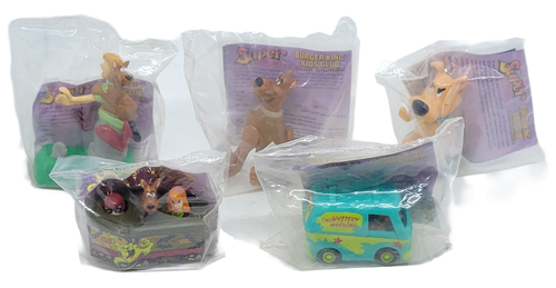 The complete set of Scooby-Doo toys from the 1996 Burger King Kids' meals. The set included 5 different Scooby-Doo toys to collect. a) Poseable Scooby Doo, b) Scooby & Shaggy Tombstone, c) Racing Coffin with Daphne, Scooby & Velma inside, d) Scrappy Doo Wind-up, d) The Mystery Machine.