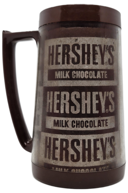 Vintage Hershey's Milk Chocolate plastic mug by Eagle.  The insert replicates the wrappers of a Hershey's Milk Chocolate bar.  The mug is brown and would have been sold at Hershey's Chocolate World.