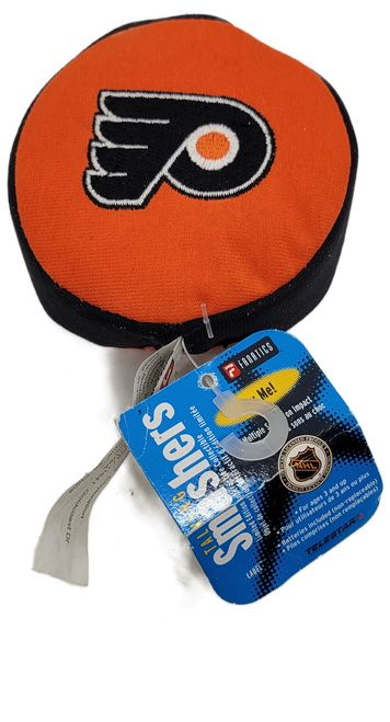 Fanatics 2000 talking smashers bean bag puck of the NHL's Philadelphia Flyers.  The puck is 3.5-inches wide and 1.25-inches thick Flyers on one side and the Flyers Logo on the opposite side.