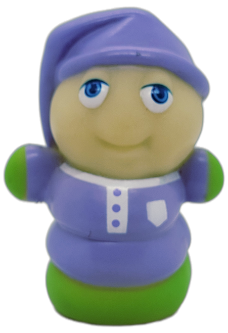 Hasbro 1986 first series of Glo Friends rubber toy figure of Glo Worm.  Glo Worm stands 3-inches tall and is wearing a purple with white pajama top and a purple stocking hat. Eight friends made up the original series of Glo Friends, originally released by Hasbro's Pre-School division.