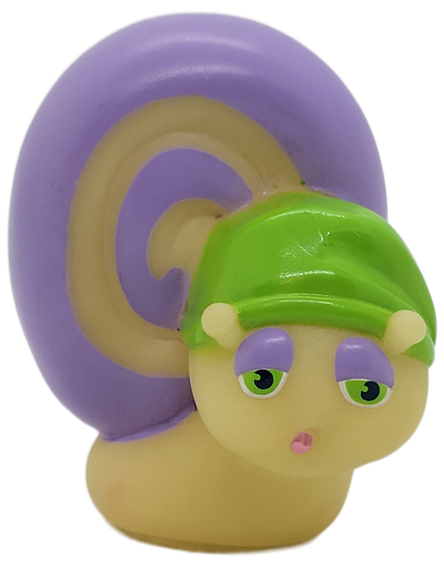 Hasbro 1986 first series of Glo Friends rubber toy figure of Glo Snail.  Glo Snail stands 3-inches tall and has a purple shell and eye lids with a green stocking hat with pink end. Eight friends made up the original series of Glo Friends, originally released by Hasbro's Pre-School division.