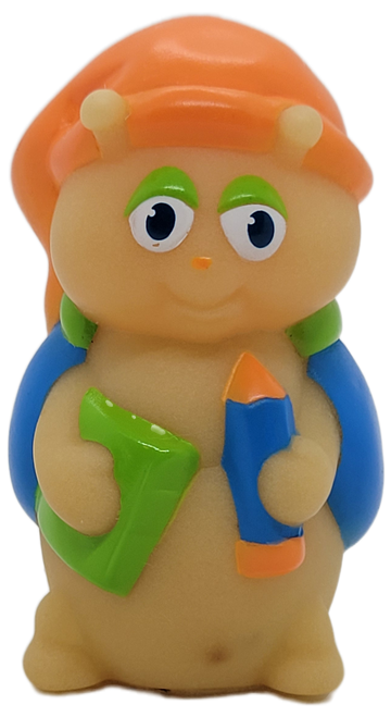 Hasbro 1987 second series of Glo Friends rubber toy figure of Glo Bookbug.  Glo Worm stands 3-inches tall and has blue with green shell top and a orange stocking hat. Six new characters were introduced this year along with re-releases of the original eight friends.