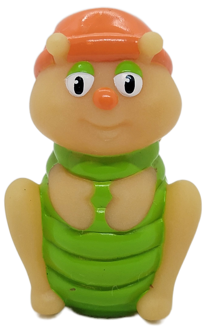 Hasbro Glo Friends with Animal Friends series of Glo Friends rubber toy figure of Glo Hopper.  Glo Hopper stands 3-inches tall and has green body with yellow wings and an orange stocking hat.