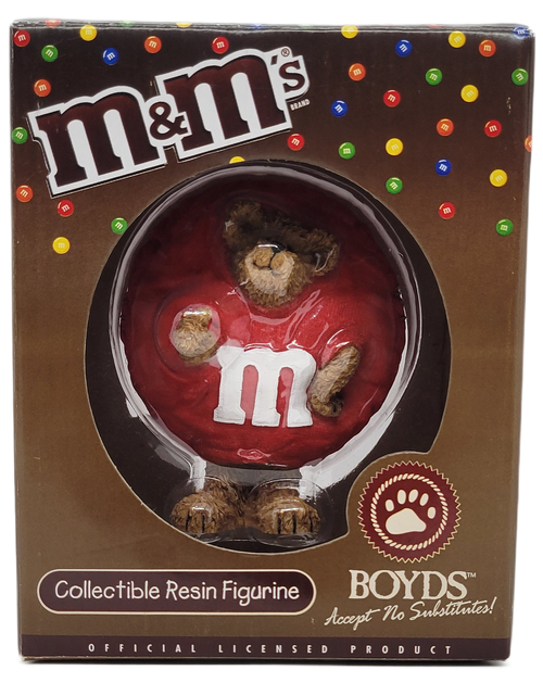 Boyds Bears 2005 collectible resin figurine featuring a bear wearing a red M&M costume in the Peeker line.  The bear stands about 4-inches tall and comes in a brown M&M's box.