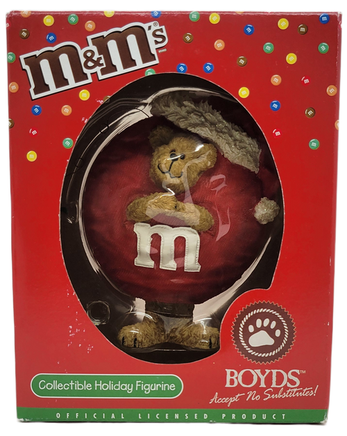 Boyds Bears 2005 collectible holiday resin figurine featuring a bear wearing a red M&M costume and Santa hat.  The bear stands about 4-inches tall and comes in a red M&M's box.