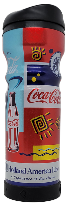 Holland America Line 2005 Coca-Cola insulated tumbler for both hot and cold beverages.  The aluminum tumbler has Coca-Cola logos and bottles with a cruise ship front and center.  The tumbler is decorated in various colors and shapes for an artistic feel.