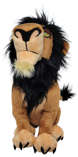 Disney Store exclusive 14-inch stuffed animal of Scar from The Lion King. Scar is a fictional character and the main antagonist of Disney's The Lion King franchise. He is introduced in the 1994 animated film as the younger, envious brother of Mufasa, the ruler of the Pride Lands.