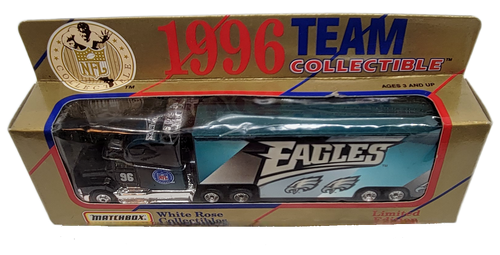 Matchbox White Rose Collectibles 1996 team collectible of NFL Philadelphia Eagles tractor trailer die-cast.  The tractor trailer is painted green and silver with the Eagles logos on it.