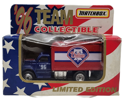 Matchbox White Rose Collectibles 1996 team collectible of MLB Philadelphia Phillies Ford F-800 Delivery Truck die-cast.  The pickup is painted red and the box has the Phillies logos on it.
