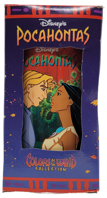 Burger King Walt Disney classic collector glass from Pocahontas with Pocahontas and John Smith on it. The collector series offered glasses representing 4 of the iconic scenes of Pocahontas.
