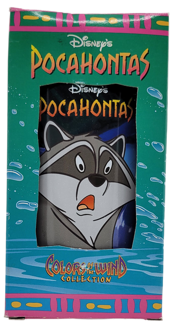 Burger King Walt Disney classic collector glass from Pocahontas with Meeko and Flit on it. The collector series offered glasses representing 4 of the iconic scenes of Pocahontas.