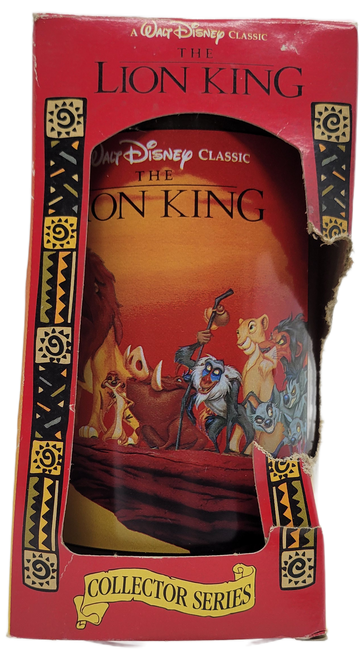 Burger King Walt Disney classic collector glass from 1994 of The Lion King. The plastic cup features the characters of The Lion King.  The collector series offered glasses representing 8 of the iconic Disney movies.