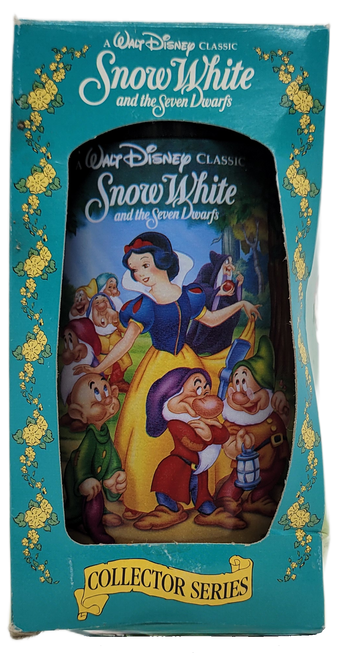 Burger King Walt Disney classic collector glass from 1994 of Snow White and the Seven Dwarfs. The plastic cup features the characters of Snow White.  The collector series offered glasses representing 8 of the iconic Disney movies.