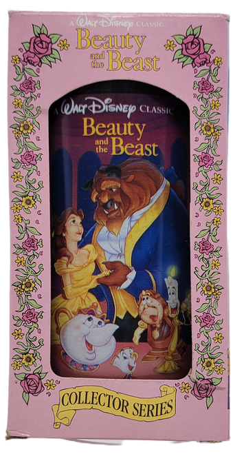 Burger King Walt Disney classic collector glass from 1994 of Beauty and the Beast. The plastic cup features the characters of Beauty and the Beast.  The collector series offered glasses representing 8 of the iconic Disney movies.