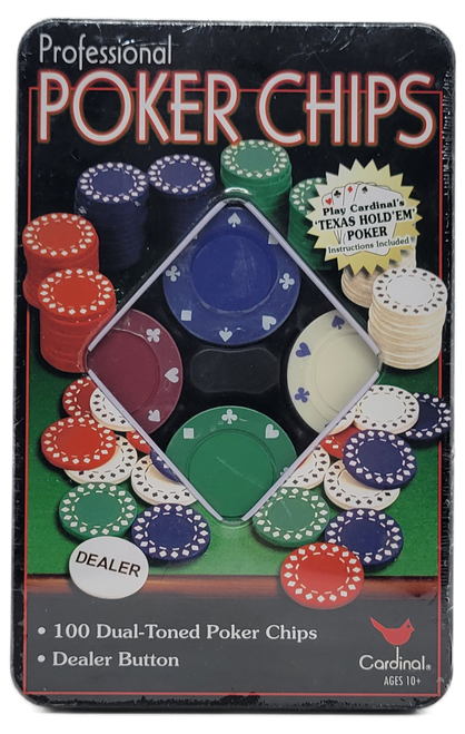 Cardinal professional 100 dual-toned poker chips with dealer button in metal tin.  The set also includes Cardinal's Texas Hold'em poker instructions.