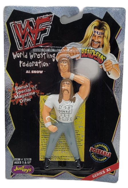 JusToys 1999 WWF WWE Al Snow with head poseable bendable collectible figure.  The 4-inch tall figure has Al Snow wearing grey pants, black shoes, a white t-shirt that says J.O.B. Squad 1-2-3-4-Life.  The figure comes with his signature head that he would carry.
