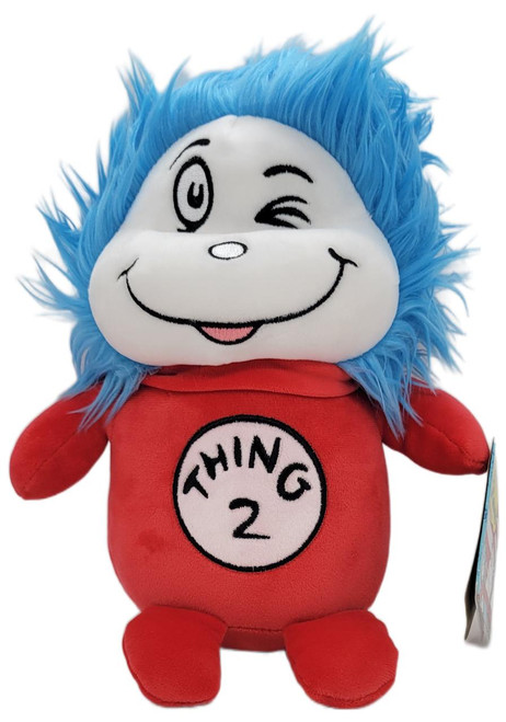 Aurora 2021 Dr. Seuss Squishy Thing 2 Plush, colorful stuffed toy featuring a winking face, blue spiky hair, and a red outfit with 'THING 2' printed on the front.