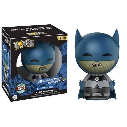 Funko Dorbz: Blackest Night Batman Specialty Series Vinyl Toy Figure, a stylized vinyl figure of Batman with a dark costume, bat emblem, and a sinister facial expression, standing next to its packaging.
