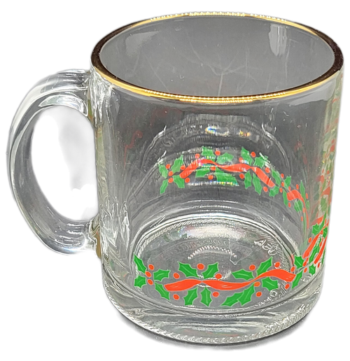 Long John Silver's holiday crystal glass coffee mug with holly and berries design.  The mug is clear glass with holly and berries with red ribbon at base.  The glass also has gold rim and sold individually with various styles of glasses for your holiday dinners.