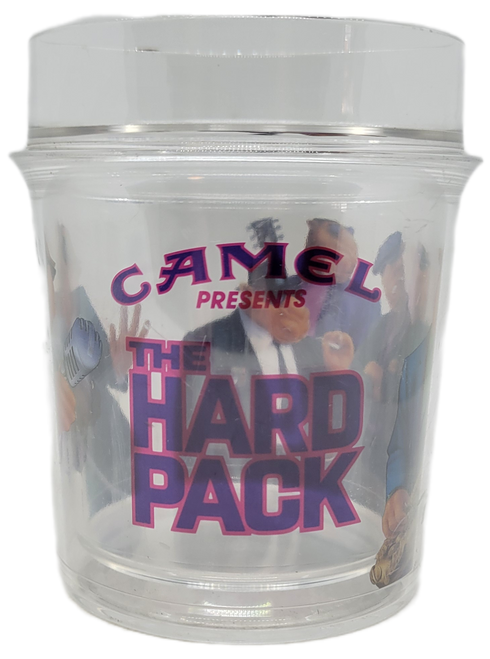 Camel Cigarettes 1991 promotional plastic tumbler with Joe Camel presents "the hard pack".  The promotion was ran to promote "The Hard Pack" branding.