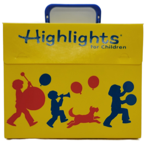 Highlights For Children 1992 plastic carrying case for Highlights magazines.  The yellow plastic case features kids and a dog with balloons in blue and red with Highlights For Children on both sides.