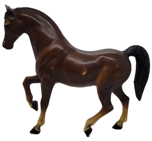 Vintage Breyer horse of Arabian Stallion Sheik from the Arabian Family with matte bay, star and stripe with black mane/tail, no black on legs, four stockings.  The stallion has Round Breyer Molding Co. stamp.